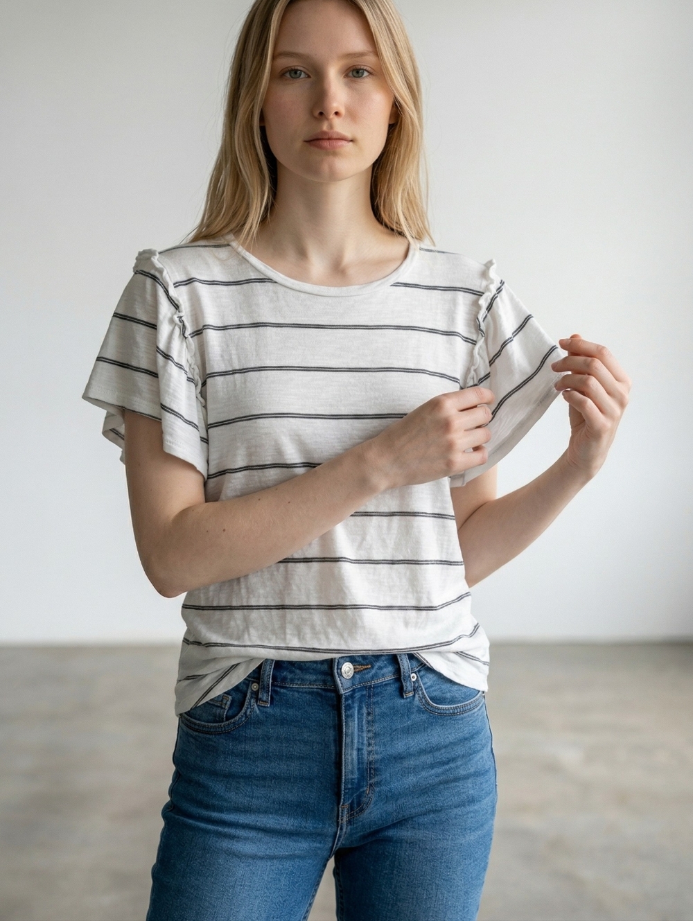 Green Envelope Black and White Striped Ruffle Sleeve Top